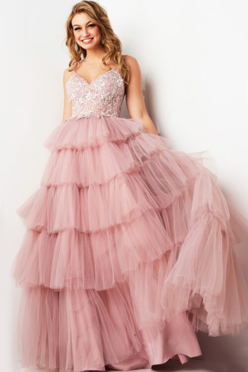 Model wearing Dusty Pink Embroidered Bodice A Line Gown 38577