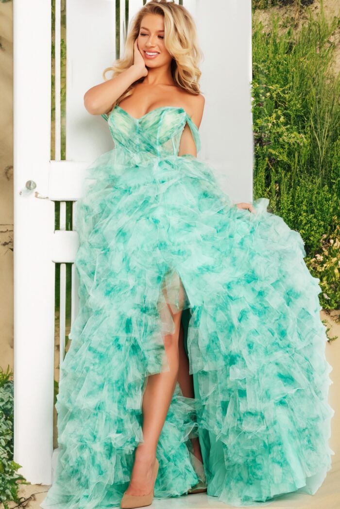 Model wearing Green Off The Shoulder Ball Gown 38606