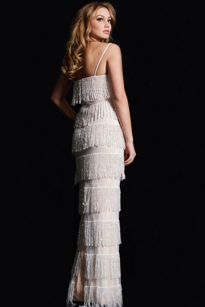 Model wearing Ivory Fringe Spaghetti Strap Formal Gown 38617