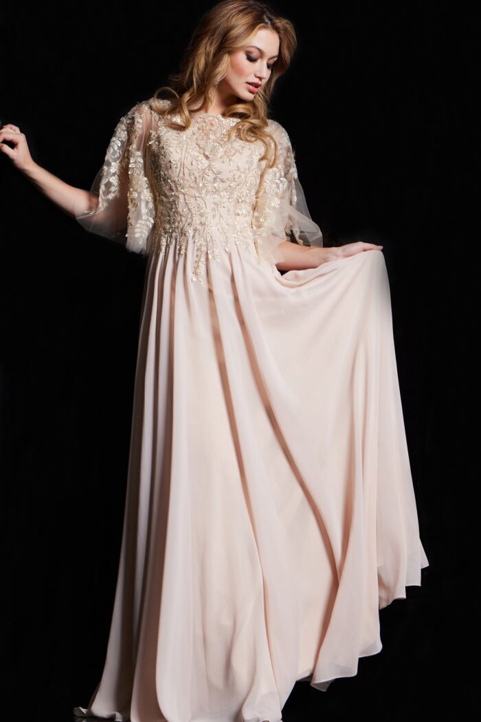 Model wearing Cream Embroidered Bodice Maxi Gown 38622