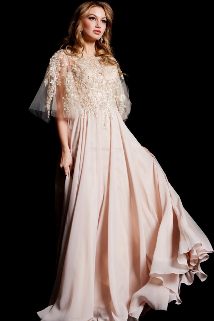 Model wearing Cream Embroidered Bodice Maxi Gown 38622