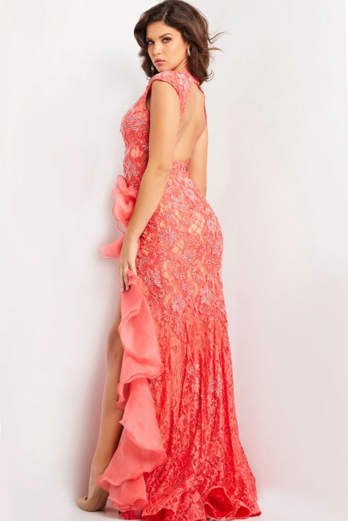 Model wearing Coral Lace High Slit Gown 38668