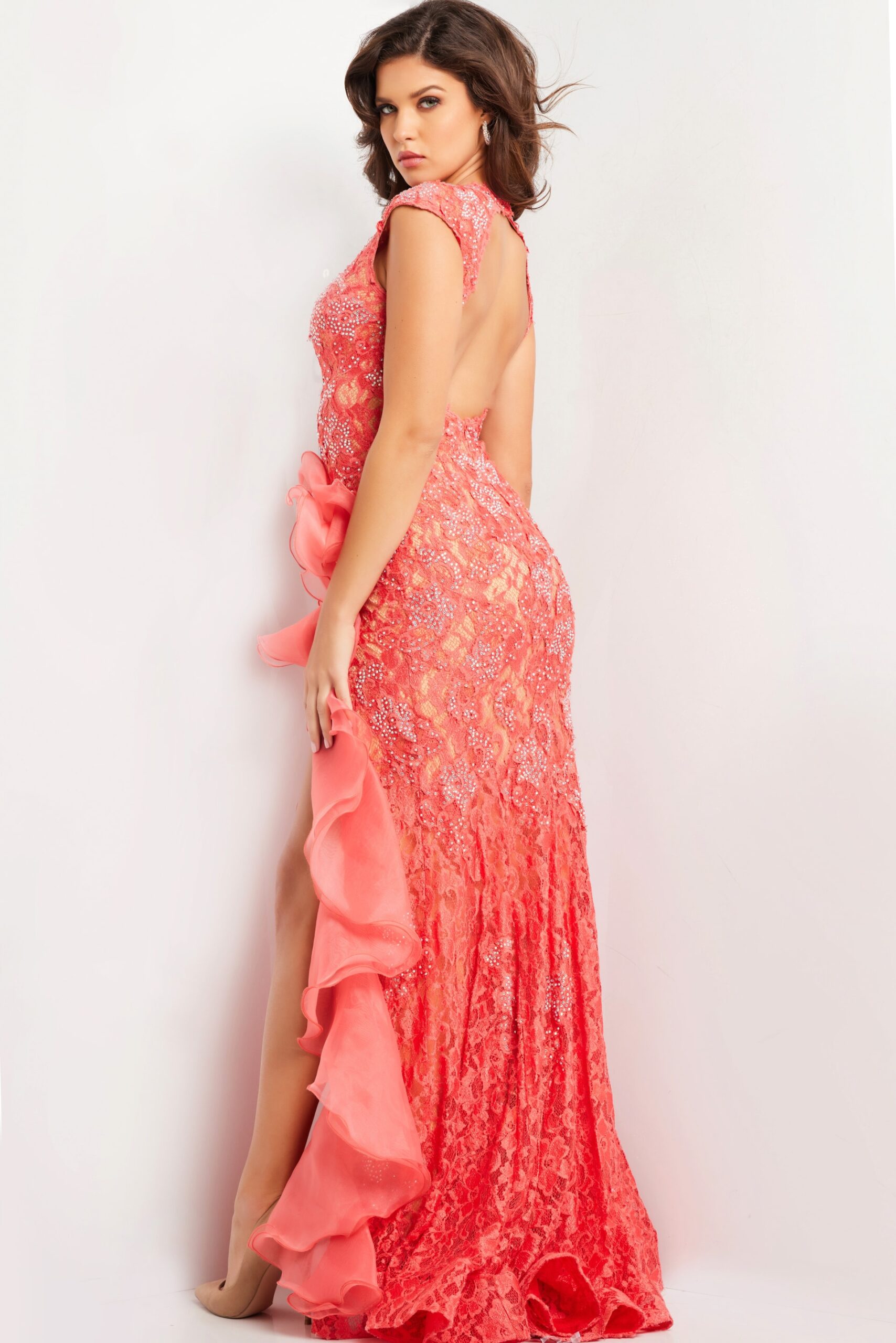 Coral Lace High Slit Gown 38668