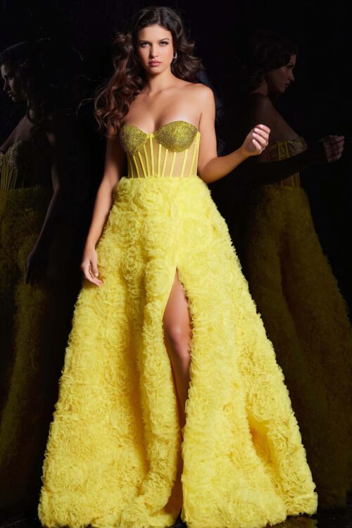 Model wearing Yellow Embellished Illusion Bodice A Line Gown 38674