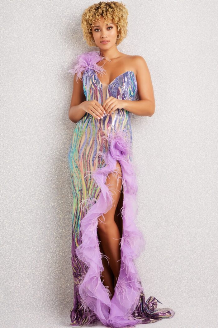 Model wearing Purple Sequin and Feather Embellished Gown 38678