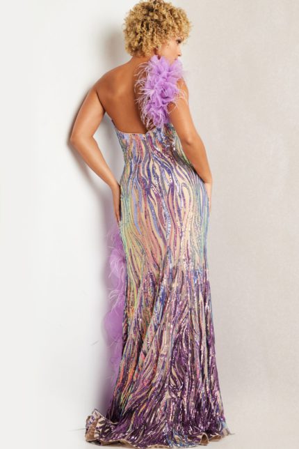 Model wearing Jovani 38678 lilac gown with a stunning back view, featuring floral applique and sequin detailing.