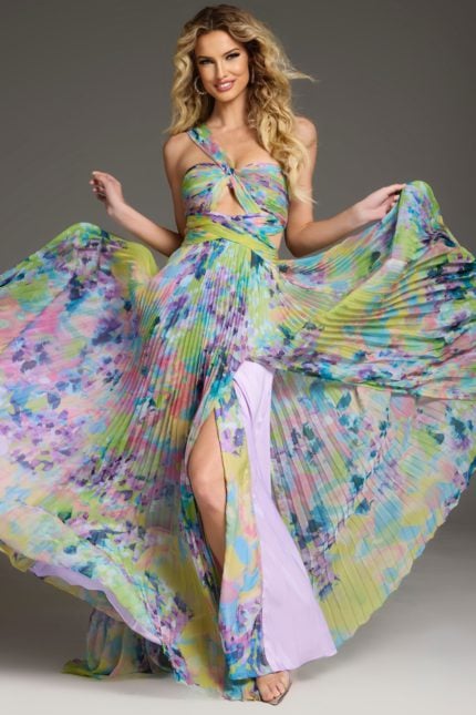 Model wearing Jovani 38688 vibrant floor-length dress with halter neckline and pleated details.