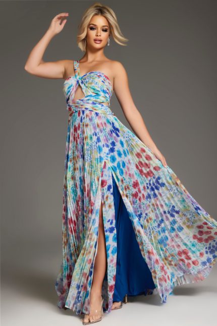 Model wearing Jovani 38689 vibrant print dress front view