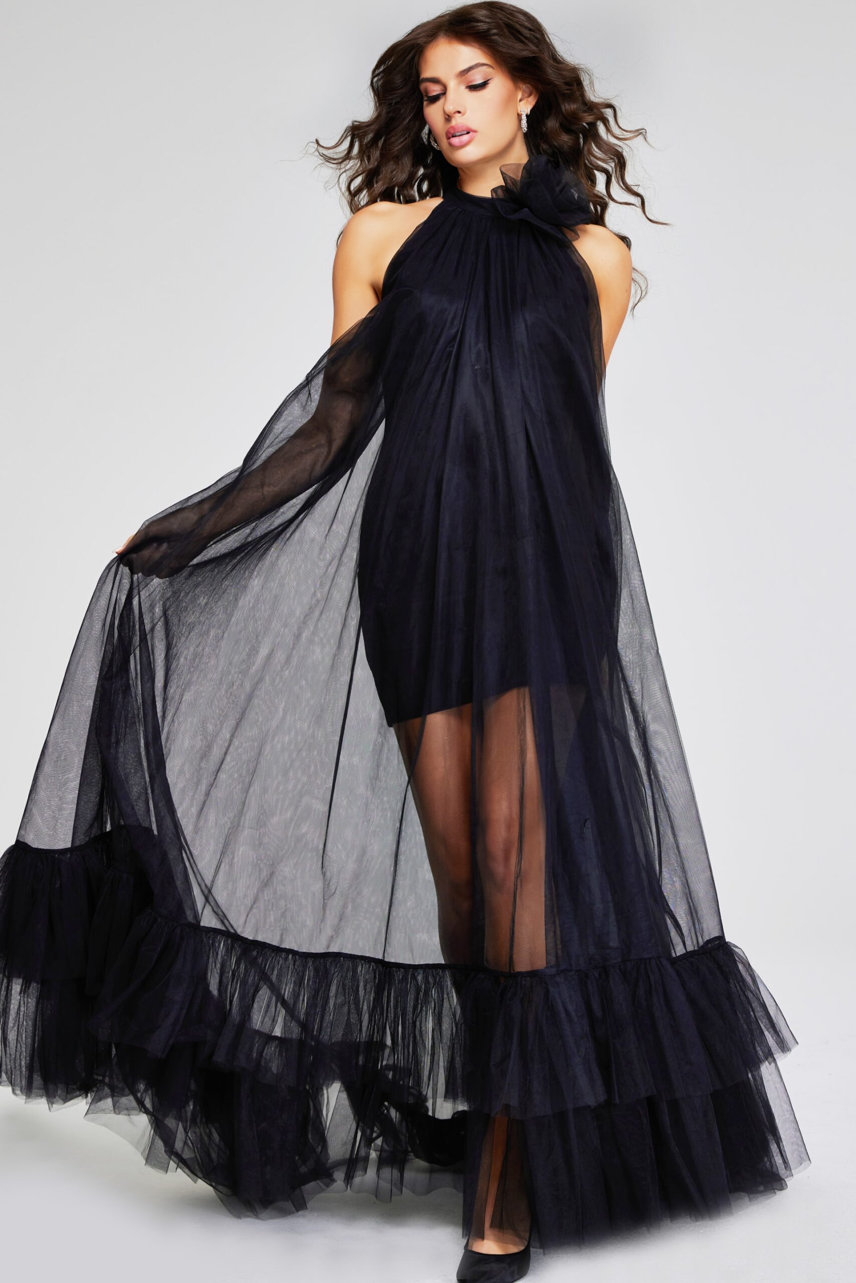 Black High Neck Tulle Maxi Gown 38720