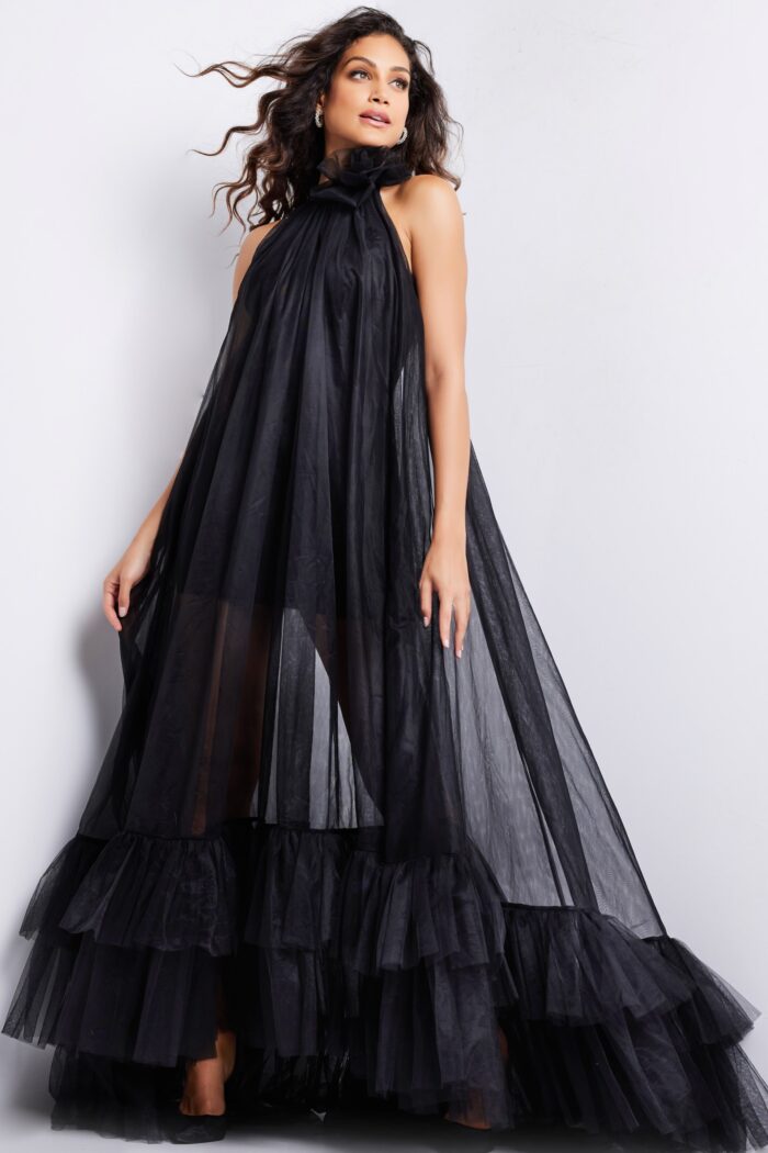Model wearing Black High Neck Tulle Maxi Gown 38720