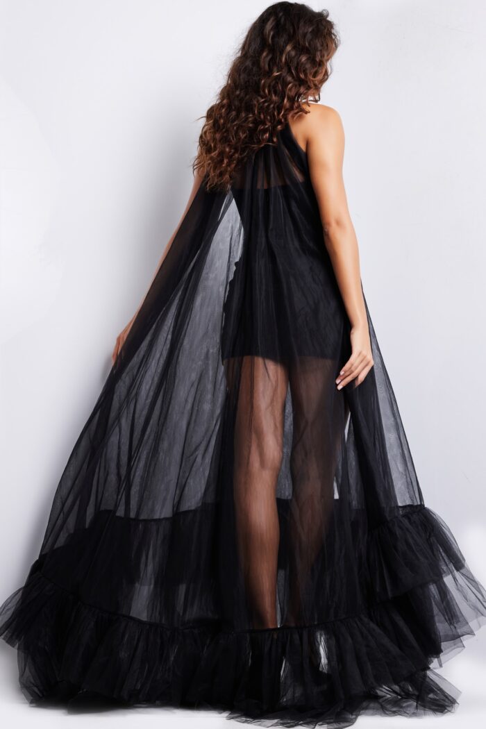 Model wearing Black High Neck Tulle Maxi Gown 38720