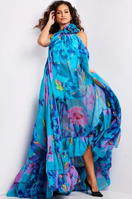 Model wearing Jovani 38721 printed dress with floral detail in vibrant hues from the front.