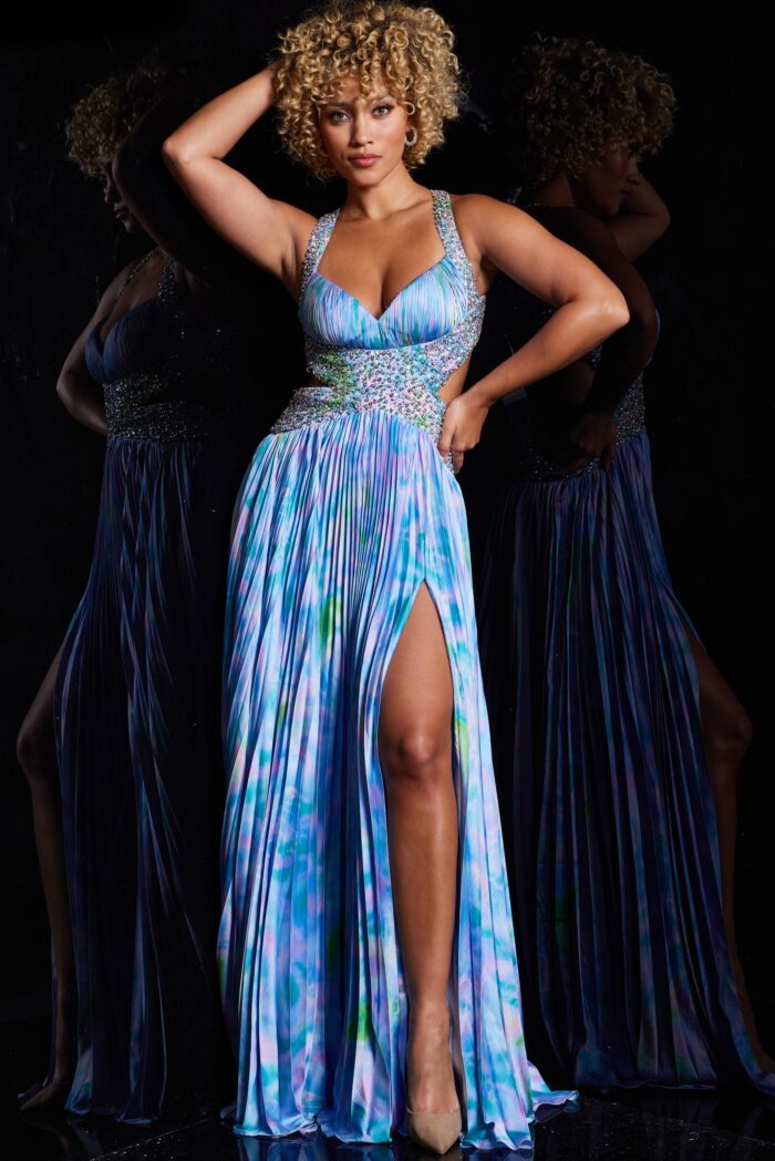 Model wearing Blue Print Pleated Satin Formal Dress 38722