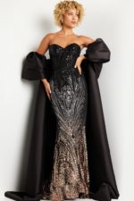 model wearing 38746 black gown with sweetheart neckline and detachable sleeves front view