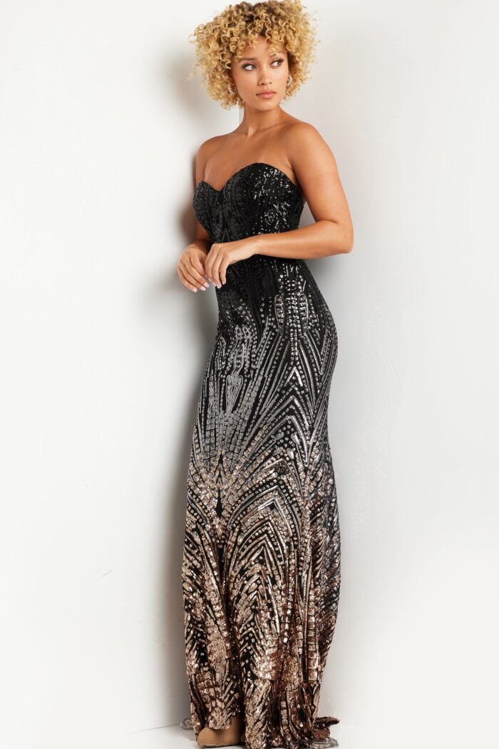 Model wearing Black Brown Embellished Strapless Gown 38746