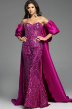 fitted embellished dress with taffeta cap in fuchsia color