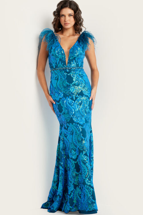 Model wearing Royal Sequin Embellished Fitted Prom Dress 38758