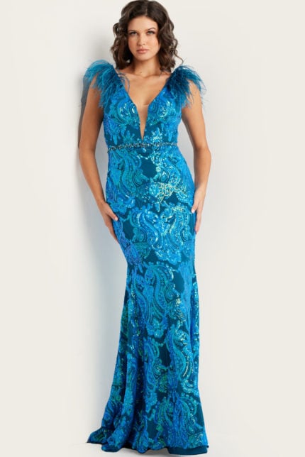 Model wearing Jovani 38758 royal blue gown, front view with sequin pattern and feathered shoulders.