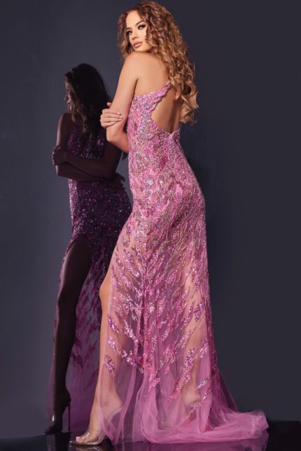 Model wearing Jovani 38769 pink gown from back showing sequin details.