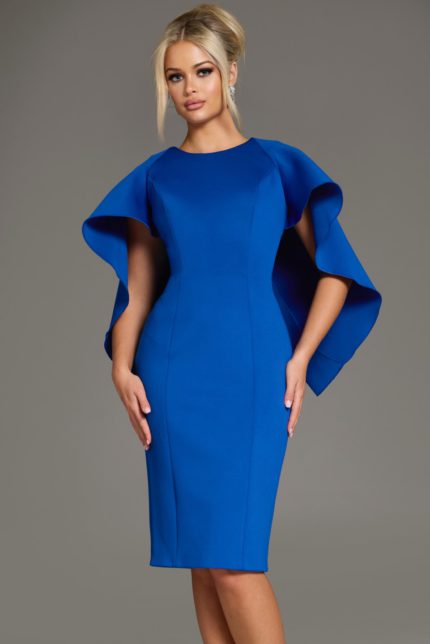 Model showcasing the front of Jovani 38824 with flutter sleeves in Royal