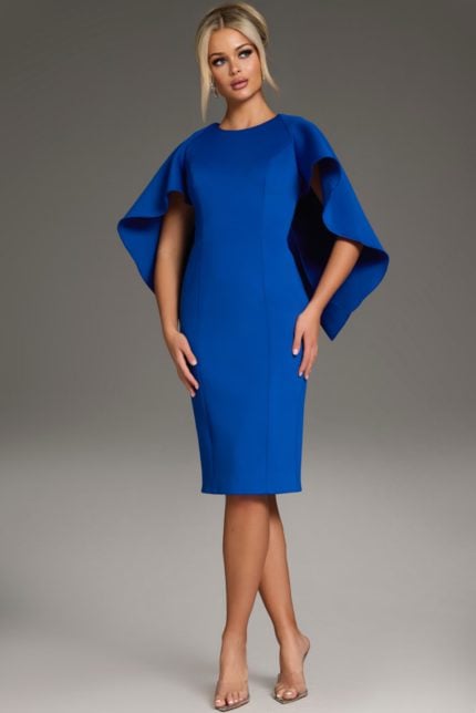 Model wearing Jovani 38824 in Royal with a sheath silhouette and flutter sleeves