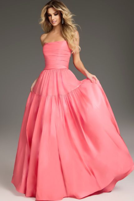 Model wearing 38831 in a pink strapless dress showing full-length front view