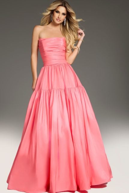 Model wearing 38831 in a pink strapless dress showing front view