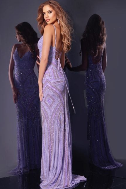 Back view of Jovani 38848 lilac gown with lace-up detail.