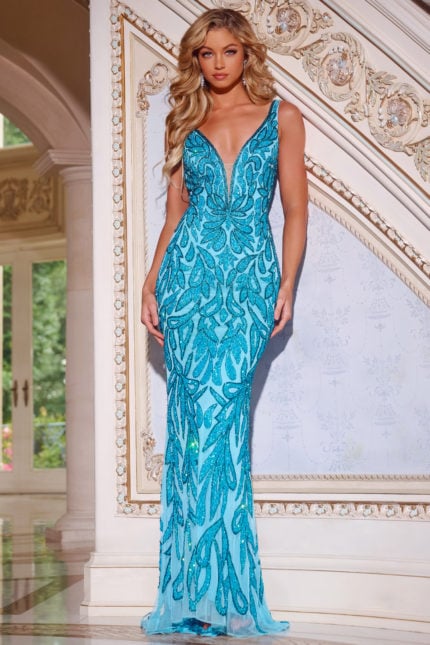 Model wearing Jovani 38917 elegant blue gown with deep V-neck and sequined patterns.