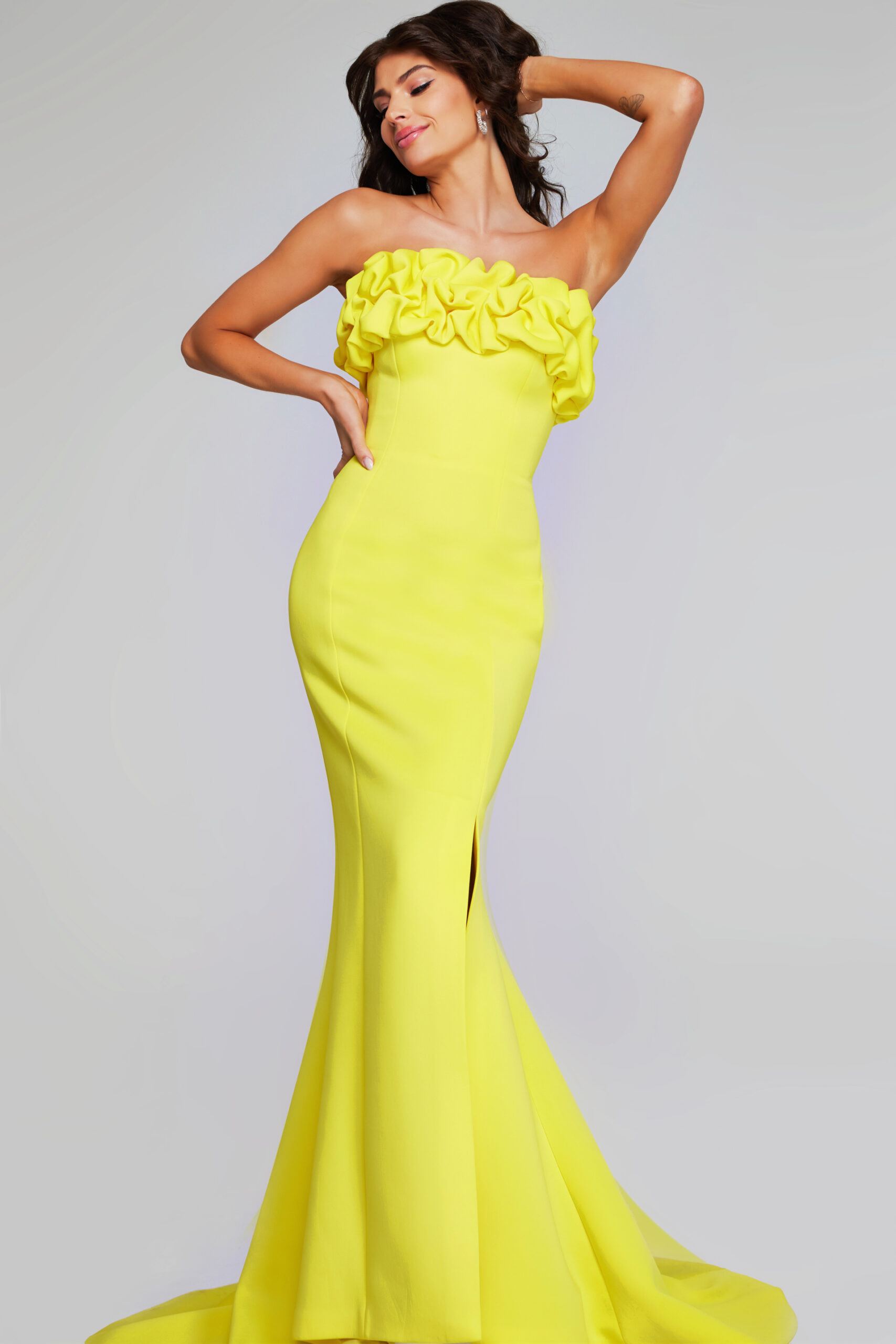 Model wearing Stunning Strapless Yellow Gown with Ruffled Bodice 38922