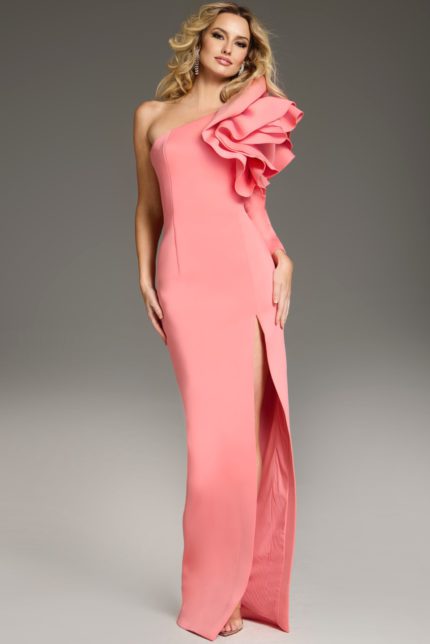 Model in Jovani 38928 fuchsia gown showcasing front view with ruffled shoulder.