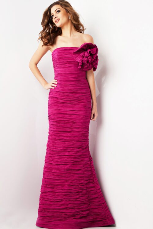 Model wearing Fuchsia Off the Shoulder Crinkle Long Gown 38947