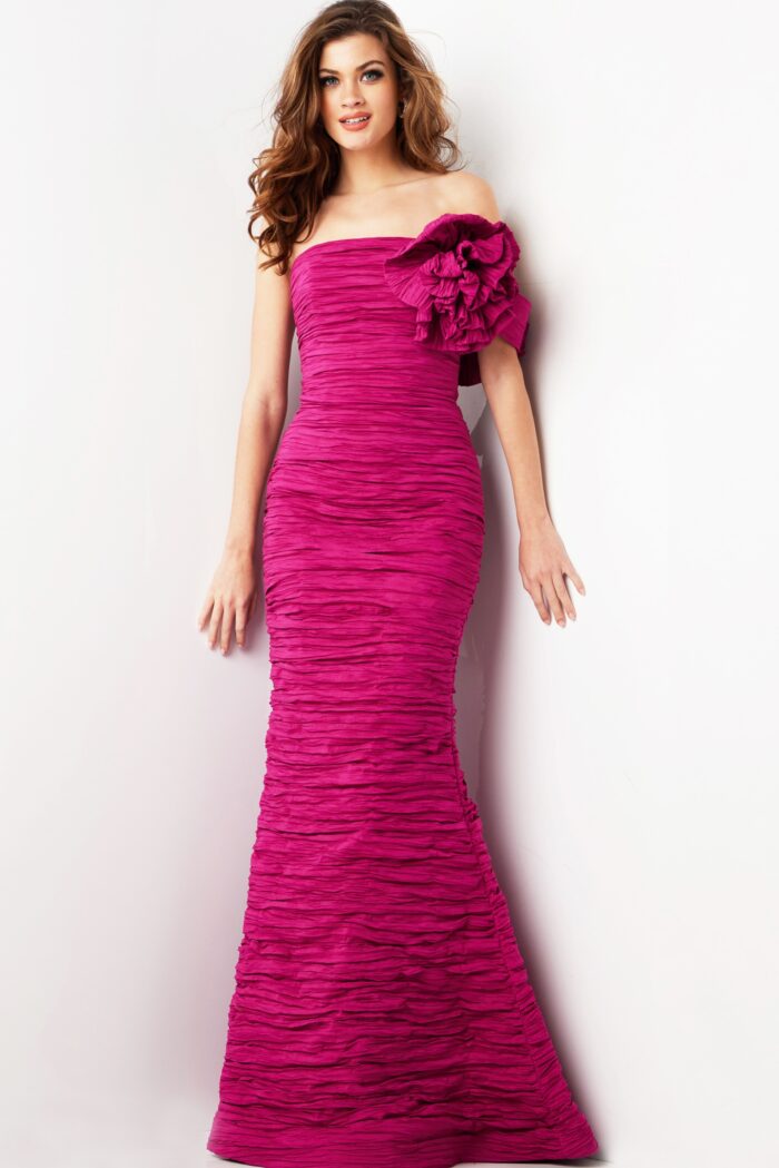 Model wearing Fuchsia Off the Shoulder Crinkle Long Gown 38947