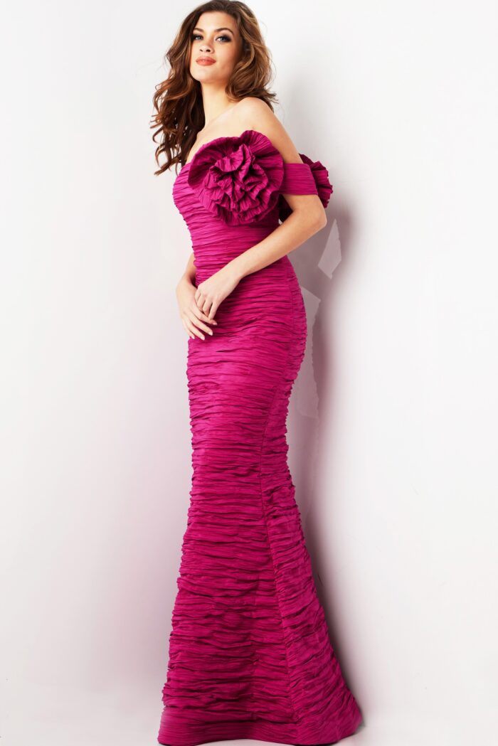 Model wearing Fuchsia Off the Shoulder Crinkle Long Gown 38947