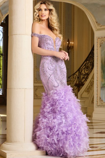 Model showcasing the 38498 lilac dress, front view featuring beadwork and ruffled skirt.