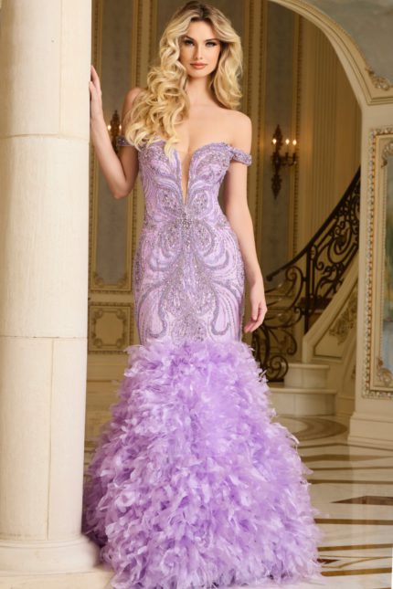 Model wearing the 38498 lilac gown with mermaid silhouette, off-the-shoulder neckline, and ruffled skirt.