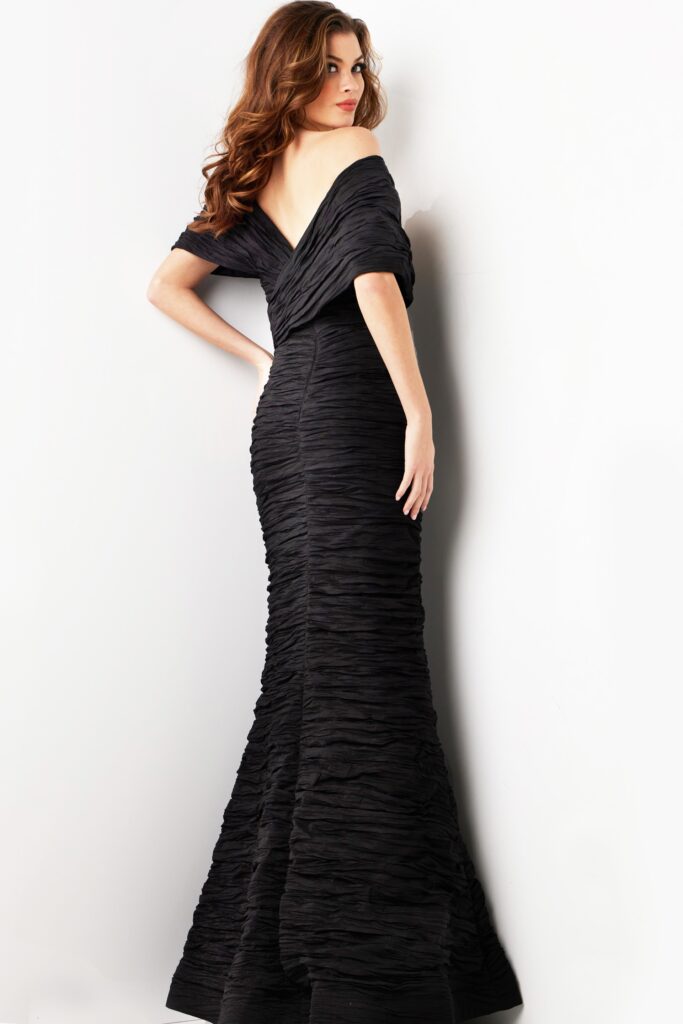 Black Off the Shoulder Sheath Crinkle Gown 38954