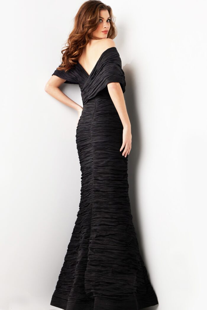 Model wearing Black Off the Shoulder Sheath Crinkle Gown 38954