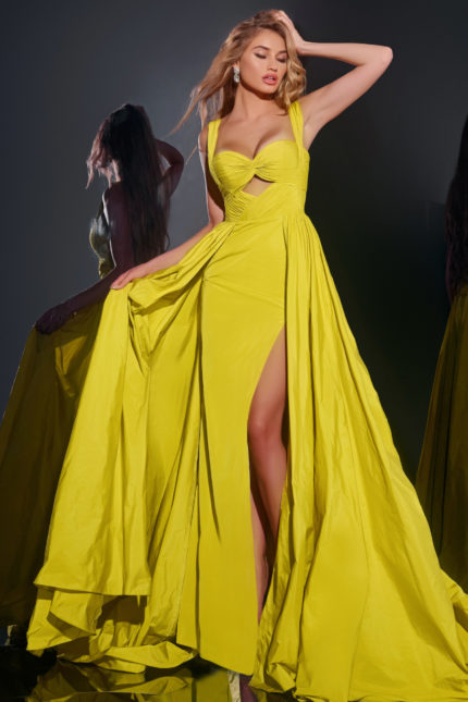 Model wearing Jovani 38957 green dress with sweetheart neckline and high slit, front view.