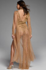 Back view of gold cape dress with sheer layers and beaded embellishments.