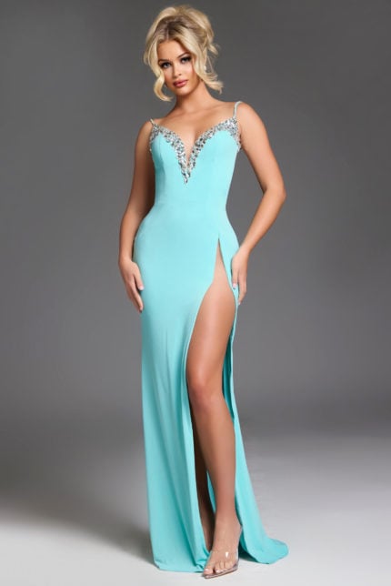 Model wearing Jovani 38989 elegant blue gown with deep V-neckline and high slit.