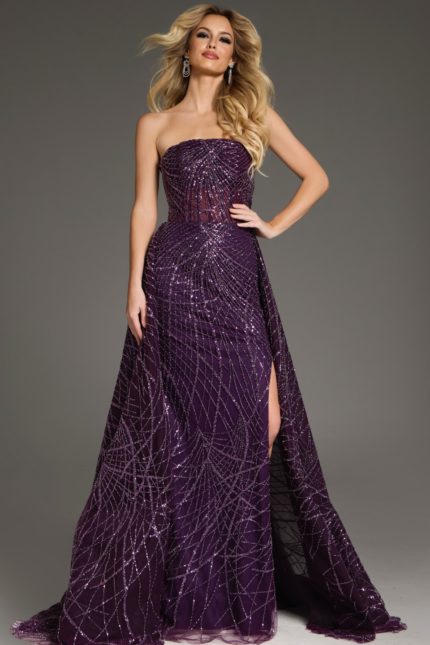 Model wearing Jovani 39029 purple gown with high slit and sequins, front view.