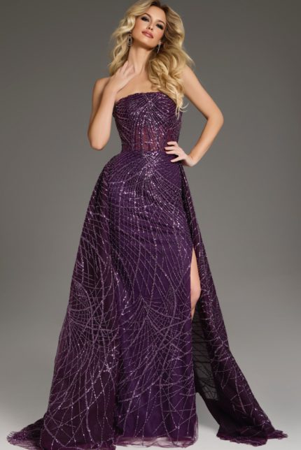 Model wearing Jovani 39029 purple gown with strapless neckline and sequins, front view.