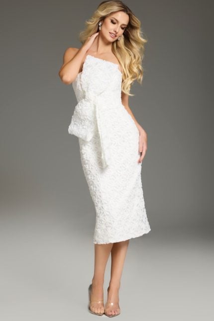 Model wearing Jovani 39076 off-white dress with floral appliqué, angled front view