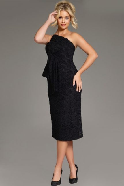 Model wearing Jovani 39076 black dress with floral embroidery, back view