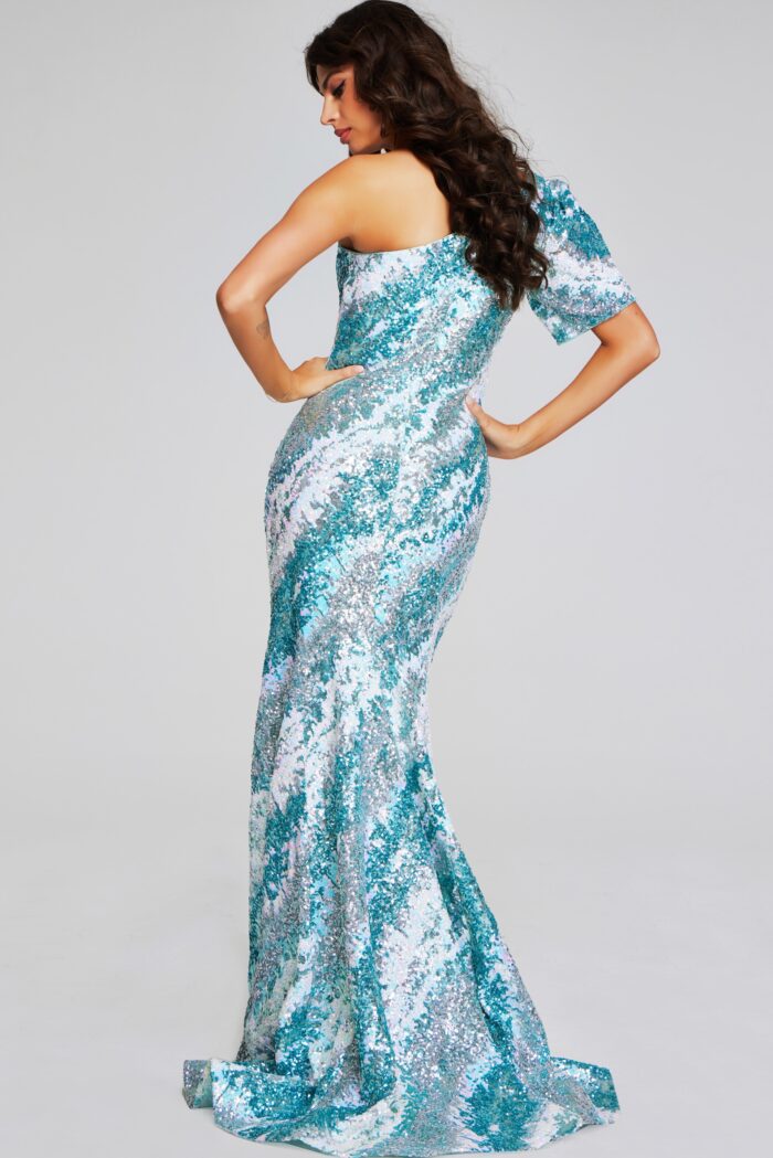 Model wearing Glamorous One-Shoulder Green Sequin Gown 39077