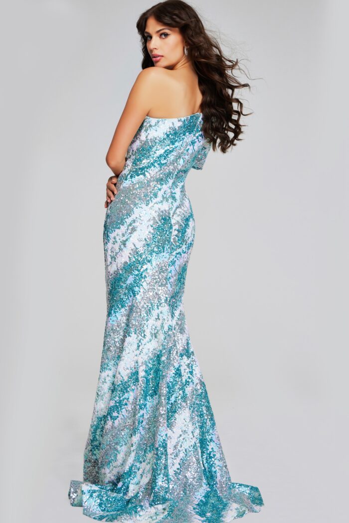 Model wearing Glamorous One-Shoulder Green Sequin Gown 39077