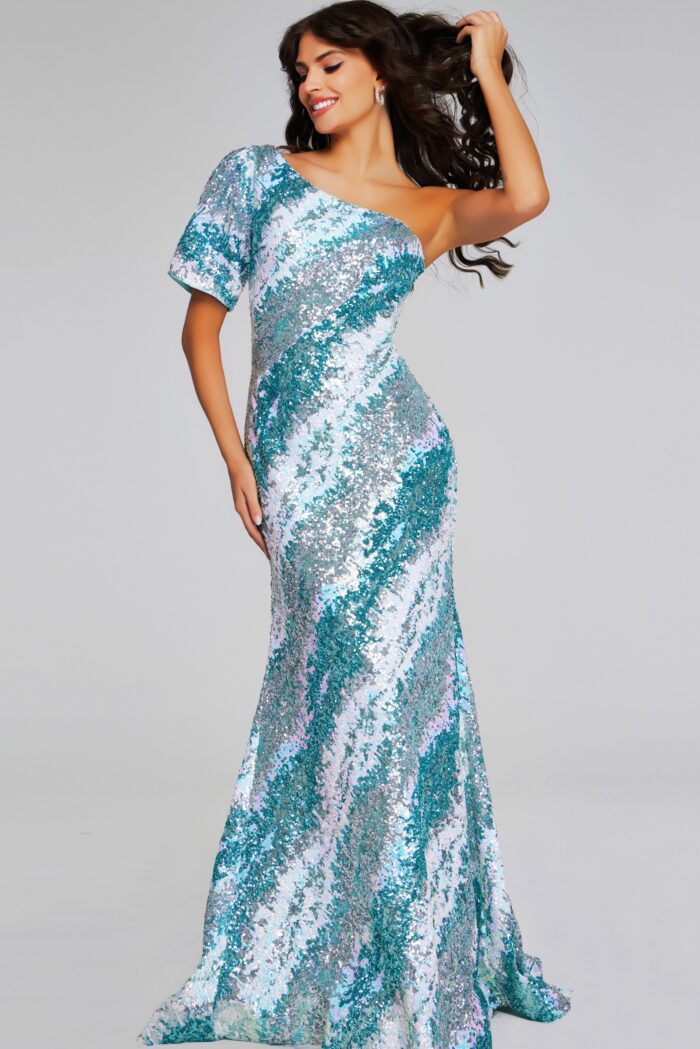 Model wearing Glamorous One-Shoulder Green Sequin Gown 39077