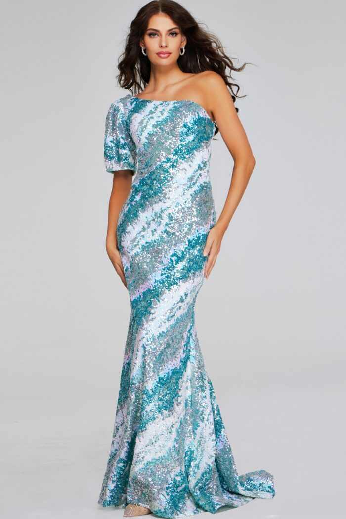 Model wearing Glamorous One-Shoulder Green Sequin Gown 39077