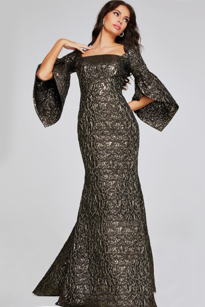 Model wearing Elegant Bell Sleeve Bronze Gown 39080